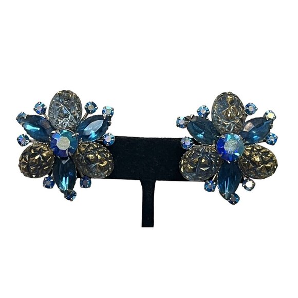 Unbranded Jewelry - VTG Judy Lee? Molded Blue AB Rhinestone Earrings Clip On Silver Tone EXC GIFT